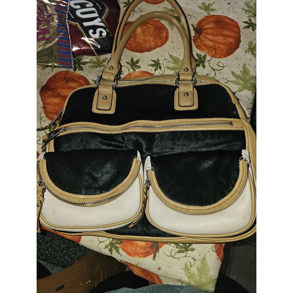 Aimee Kestenberg Lucy satchel black haircalf, ivory pockets, tan trim.